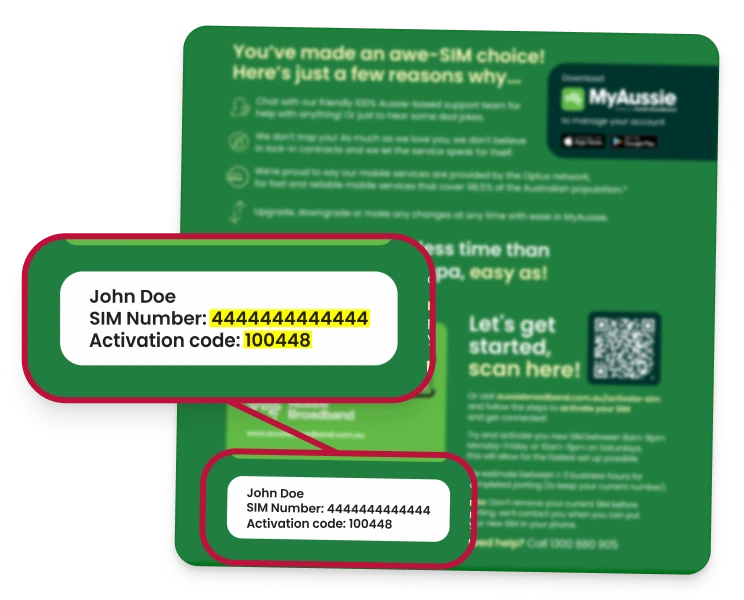 Example SIM Number and Activation Code shown in the bottom left corner of the envelope.